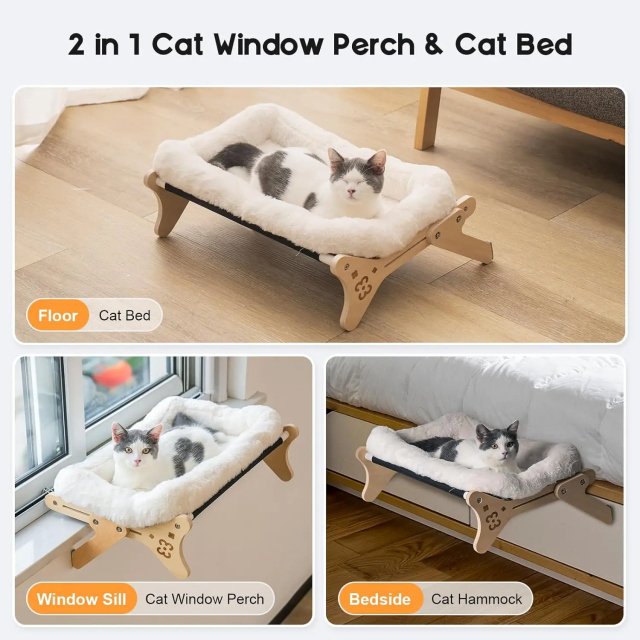 Adjustable 2-in-1 Wooden Cat Window Hammock with Soft Bed - Image 4
