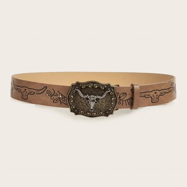 Vintage Western Cowboy Buckle Printed PU Leather Belt - Image 5