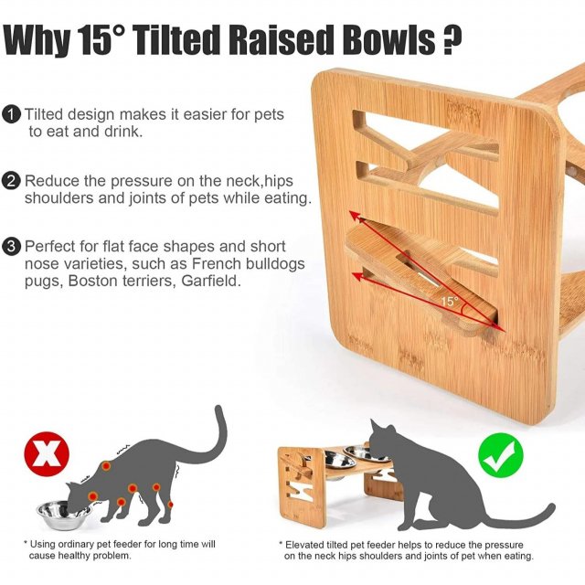 Adjustable Elevated Slanted Pet Feeding Bowl with Bamboo Stand - Image 4