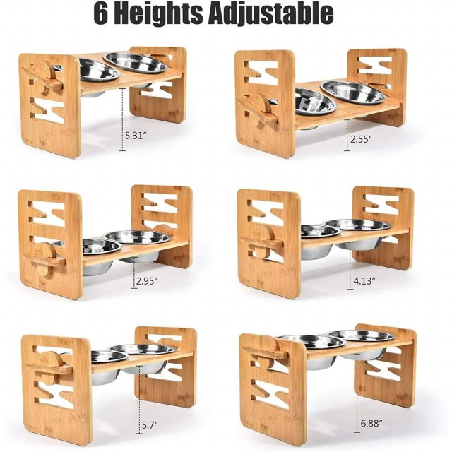 Adjustable Elevated Slanted Pet Feeding Bowl with Bamboo Stand - Image 2