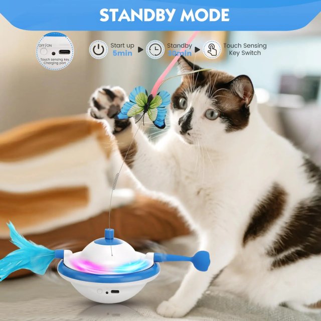 3-in-1 Interactive UFO Cat Toy with Feather, Butterfly, and LED Light - Image 3