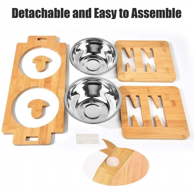 Adjustable Elevated Slanted Pet Feeding Bowl with Bamboo Stand - Image 3