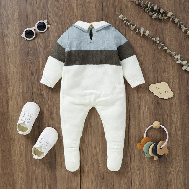 Cozy Knit Newborn Baby Romper - Long Sleeve Striped Infant Jumpsuit - Image 3