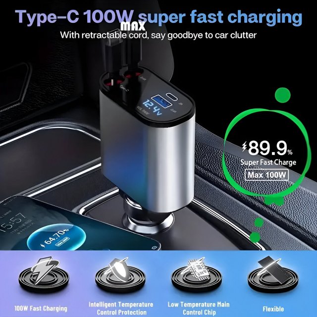 4-in-1 120W Retractable Car Charger with Fast Charging and Voltage Display - Image 4