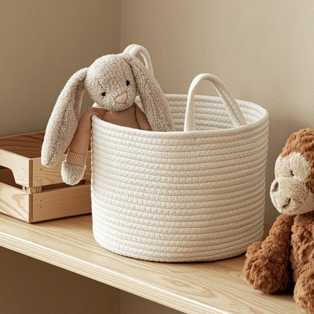 Solid White Cotton Rope Toy Storage & Laundry Basket - Image 4