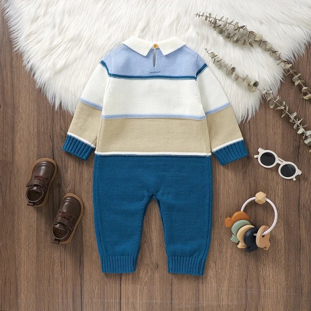 Striped Knit Romper with Turn-Down Collar - Image 2