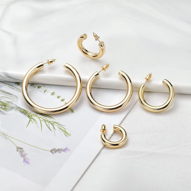 14K Gold Plated Chunky Hoop Earrings - Image 5
