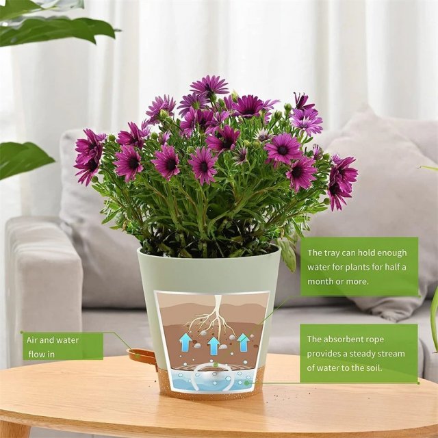 5-Pack Self-Watering Planters with Drainage Holes & Wick Rope - Image 3