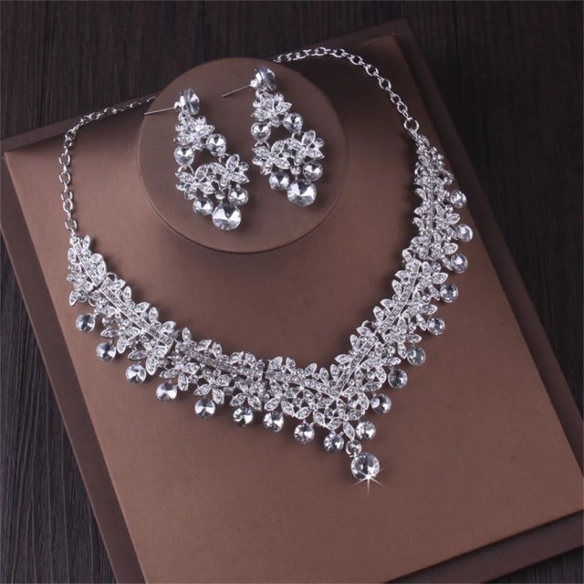 Luxury Crystal Bridal Jewelry Set - Silver Choker Necklace, Water Drop Earrings & Tiara - Image 3