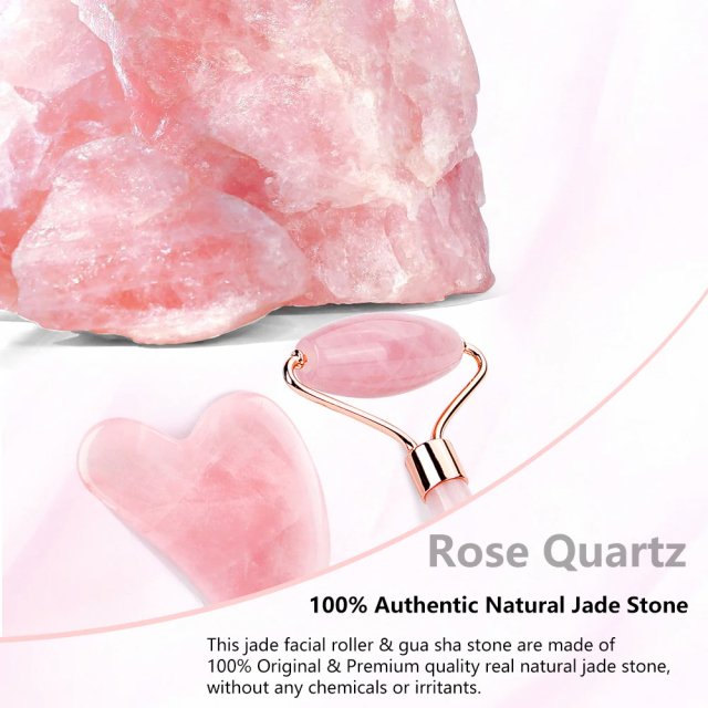 Natural Rose Quartz Jade Roller & Gua Sha Set - Image 3