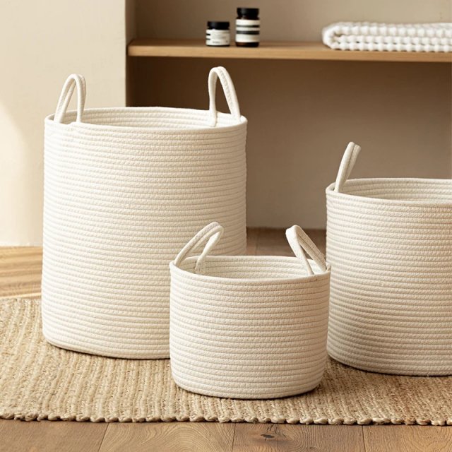 Solid White Cotton Rope Toy Storage & Laundry Basket - Image 3