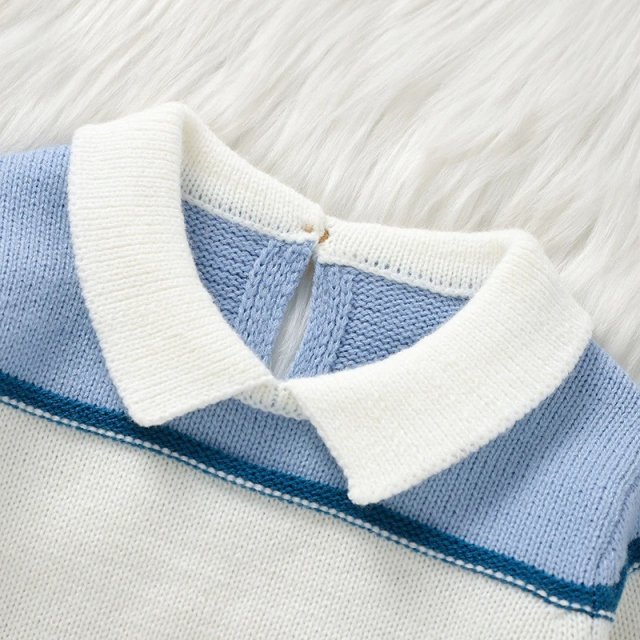 Striped Knit Romper with Turn-Down Collar - Image 3