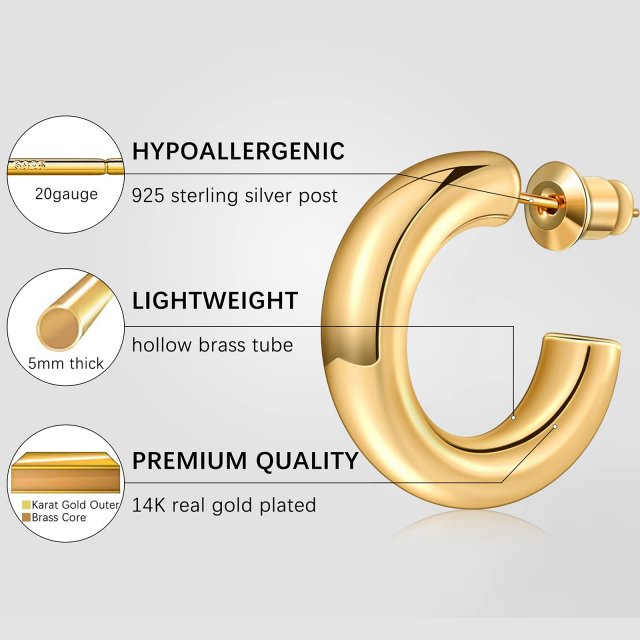 14K Gold Plated Chunky Hoop Earrings - Image 3