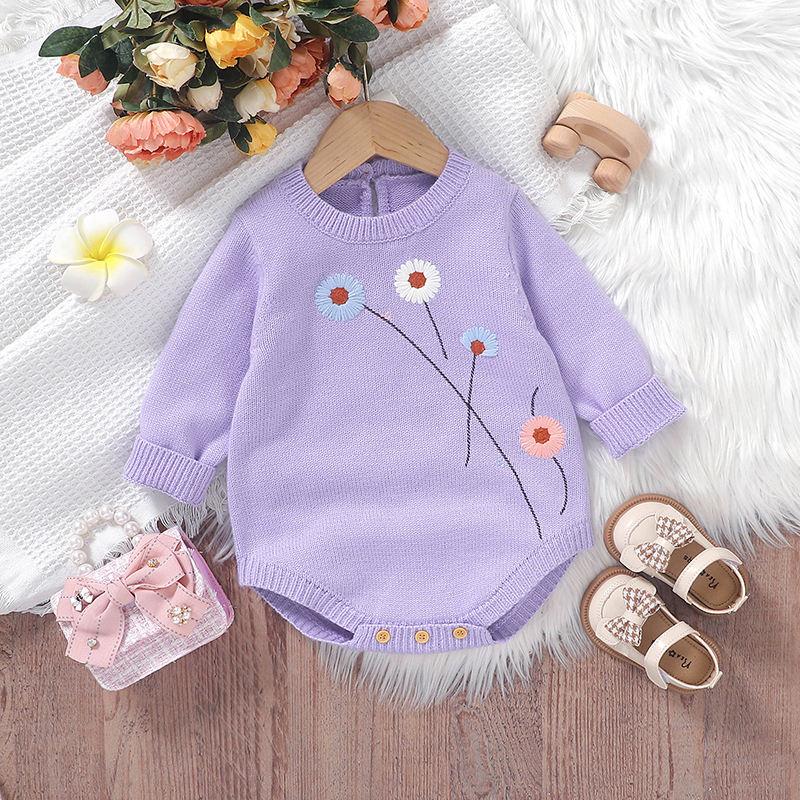 Adorable Knitted Baby Bodysuit with Floral Embroidery