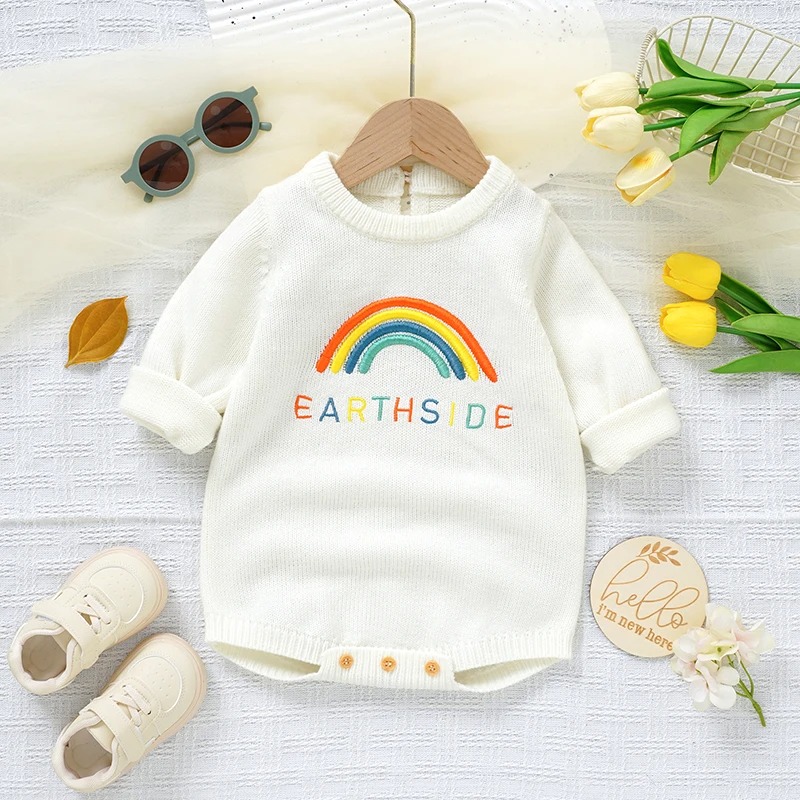Unisex Baby Long Sleeve Knitted Romper – Cute Rainbow Jumpsuit for Autumn