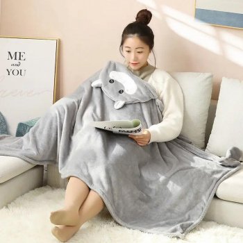 Cozy Cartoon Hooded Blanket - Wearable Coral Velvet Throw for Adults & Kids