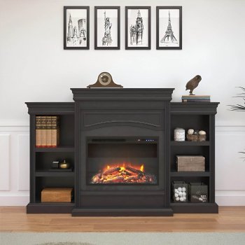 Elegant White Fireplace with LED Flames and Built-in Bookcases - Realistic Logs & Cozy Glow