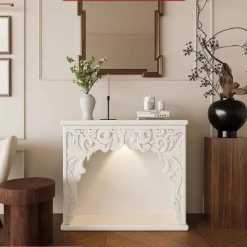 Elegant French Cream Fireplace Cabinet with Carved Design and Illuminated Storage