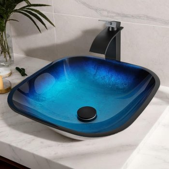 Gradient Blue Tempered Glass Bathroom Sink Basin with Faucet