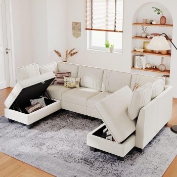 Elegant Velvet Cream U-Shaped Sectional Sofa with Storage Ottoman - Convertible, Beige