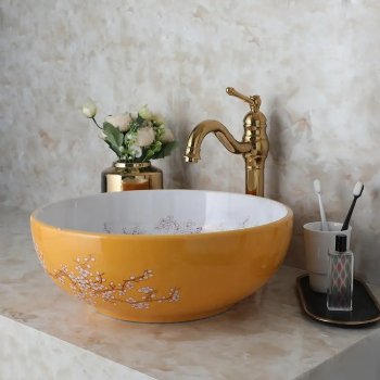 Elegant Ceramic Bathroom Basin Set with Flower Pattern and Antique Faucet