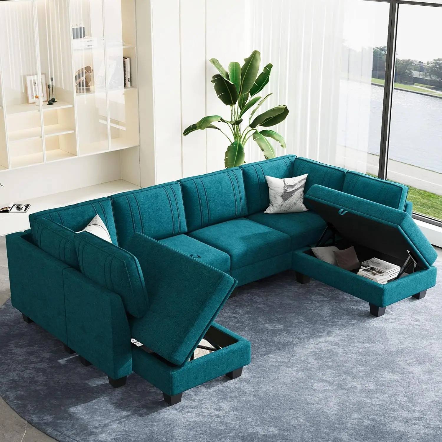 Elegant Velvet Cream U-Shaped Sectional Sofa with Storage Ottoman - Convertible, Beige