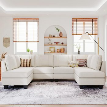 Elegant Velvet Cream U-Shaped Sectional Sofa with Storage Ottoman - Convertible, Beige