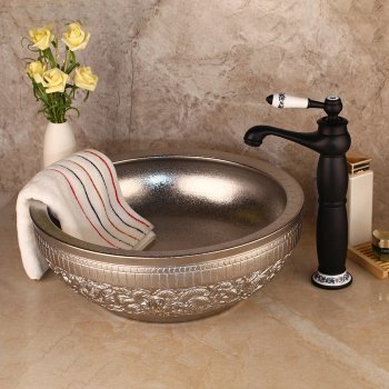 Luxury Silver Ceramic Bathroom Sink with Brass Black Faucet