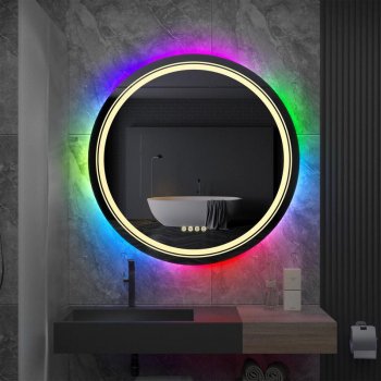 Large Round LED Bathroom Mirror with RGB Backlight, Dimmable & Anti-Fog