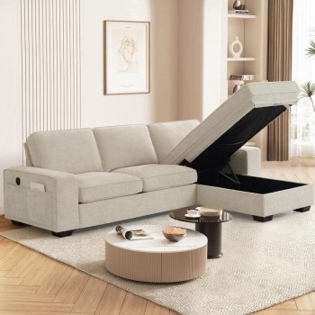 Convertible L-Shaped Sectional Sofa with Reversible Storage Chaise, Beige