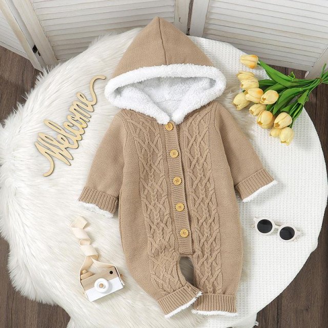 Newborn Knit Baby Romper Hooded Long Sleeve Winter Jumpsuit for 0-18M