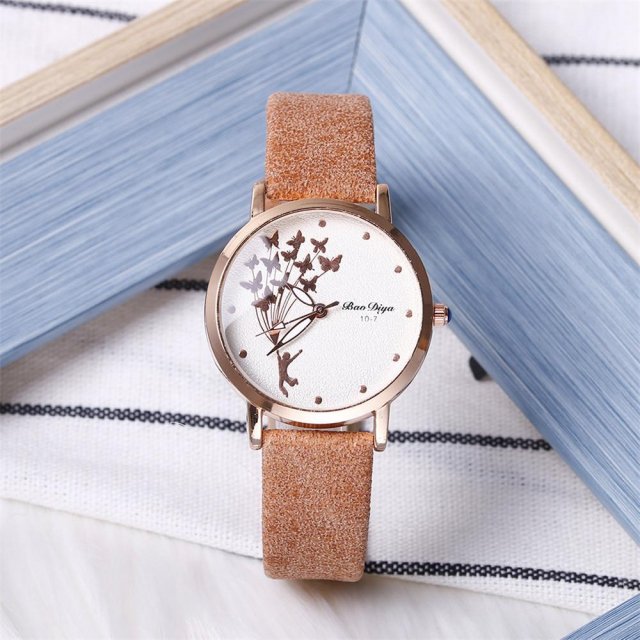 Fashion Butterfly Women's Quartz Watch with Brown Leather Strap