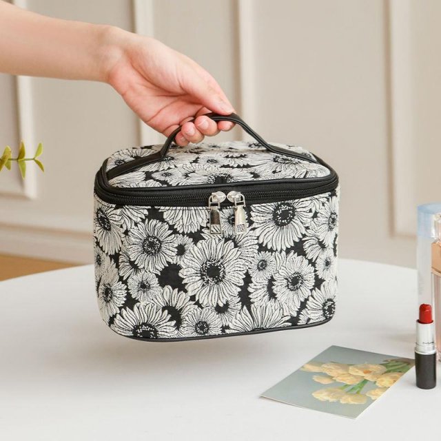 Large Capacity Floral Cosmetic Bag with Double Zipper