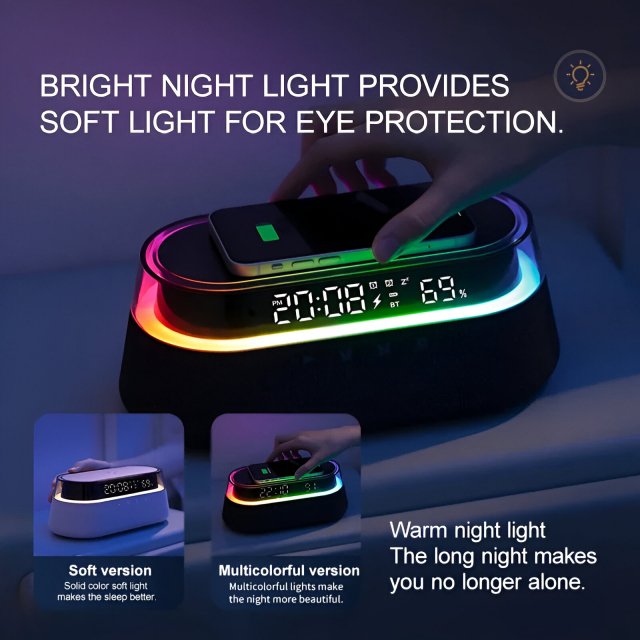 Bluetooth Speaker with 1800mAh Battery, 15W Wireless Charging, Digital Clock & Night Light - Image 7