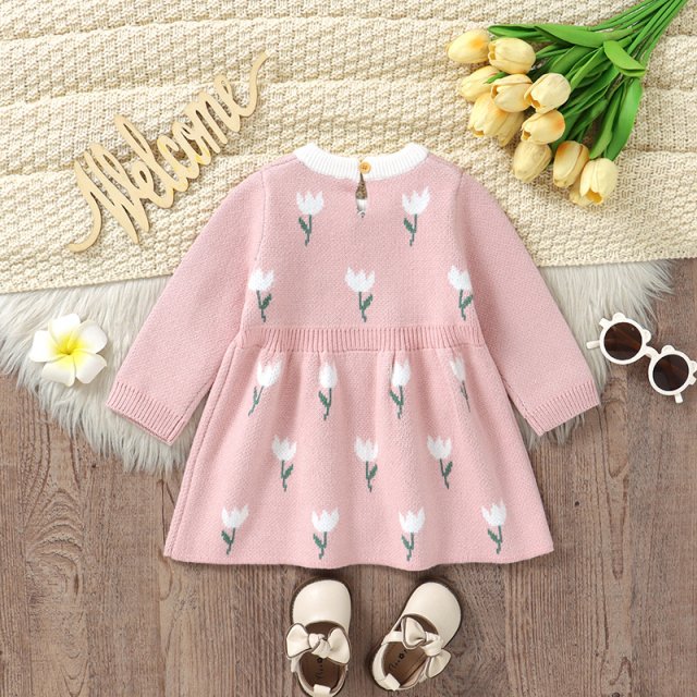 Autumn Baby Girl Knit Sweater Dress with Tulip Print - Image 3