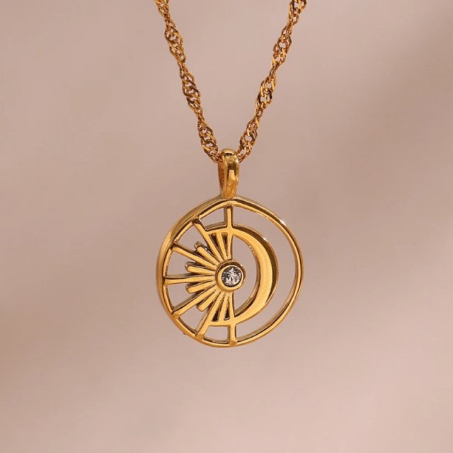 Waterproof Minimalist Moon & Sun Crystal Pendant Necklace