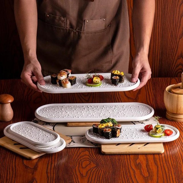 Oval White Textured Ceramic Sushi & Dessert Plate