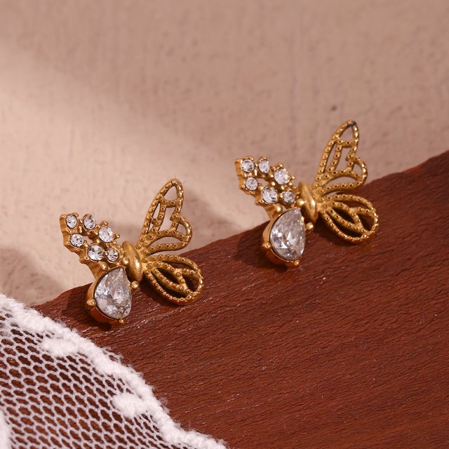 18K Gold Plated Asymmetric Butterfly Zircon Stud Earrings - Image 4