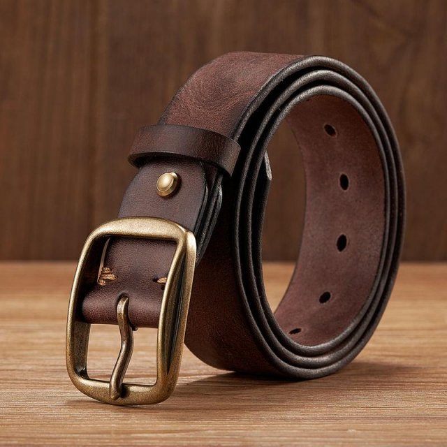 Genuine Leather Cowhide Belt with Copper Pin Buckle - Casual & Durable