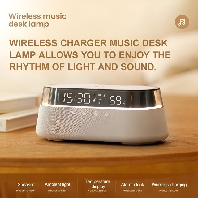 Bluetooth Speaker with 1800mAh Battery, 15W Wireless Charging, Digital Clock & Night Light - Image 6