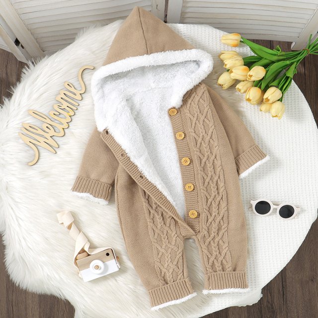 Newborn Knit Baby Romper Hooded Long Sleeve Winter Jumpsuit for 0-18M - Image 3