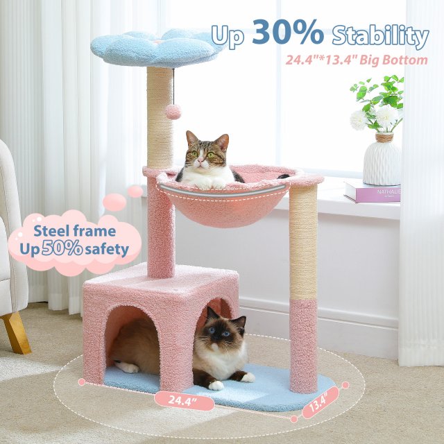 Flower Cat Tree Tower with Hammock, Sisal Scratching Posts & Cozy Condo - Image 4