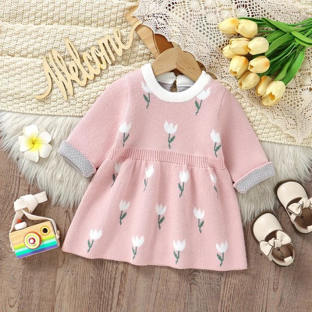 Autumn Baby Girl Knit Sweater Dress with Tulip Print