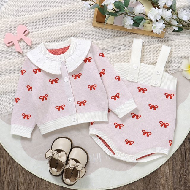 Girls Baby Knitted Sweater and Bodysuit Set - Fashion Bow Cardigan + Romper 2pcs - Image 3