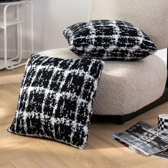 Luxury Wool Blend Knitted Plaid Pillow Cover, Black and White, 18x18 Inch