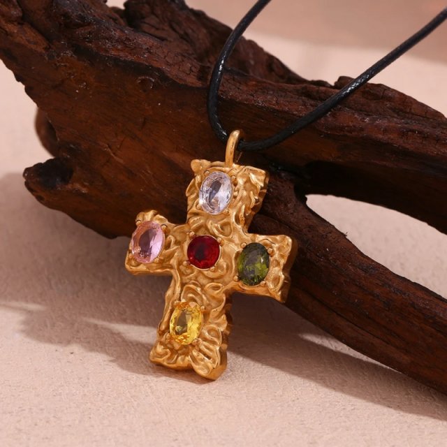 Colorful Cross Pendant Necklace with Black Rope