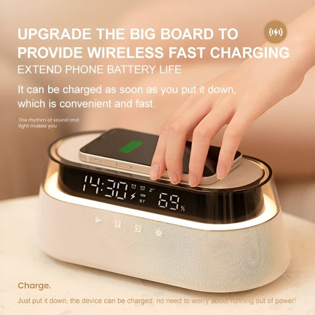 Bluetooth Speaker with 1800mAh Battery, 15W Wireless Charging, Digital Clock & Night Light - Image 3