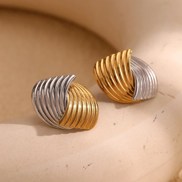 Double Color Fan-shaped Stripe Stud Earrings - 18K Gold Plated Stainless Steel