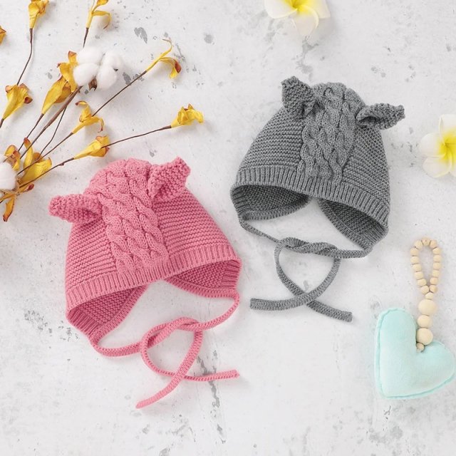 Adorable Baby Knit Bonnet with Cute Ears, Adjustable Infant Hat for 0-24M