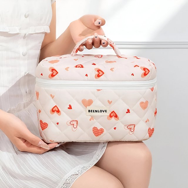 Quilted Heart Cosmetic Bag – Portable Cotton Makeup & Toiletry Organizer - Image 6